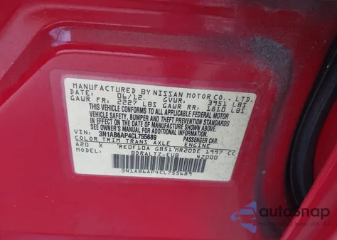 2012 Nissan Sentra 2.0 Sr z USA, uszkodzony, nr VIN 3N1AB6AP4CL755689